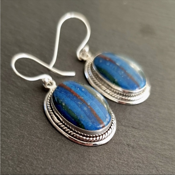 Boho Rainbow Calsilica Earrings, Large Oval Stone Earrings NWT - Picture 6 of 9